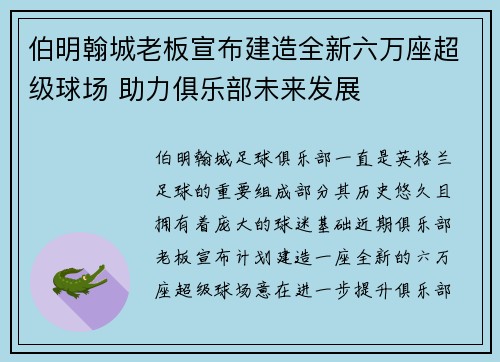 伯明翰城老板宣布建造全新六万座超级球场 助力俱乐部未来发展