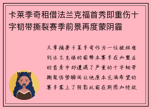 卡莱季奇租借法兰克福首秀即重伤十字韧带撕裂赛季前景再度蒙阴霾