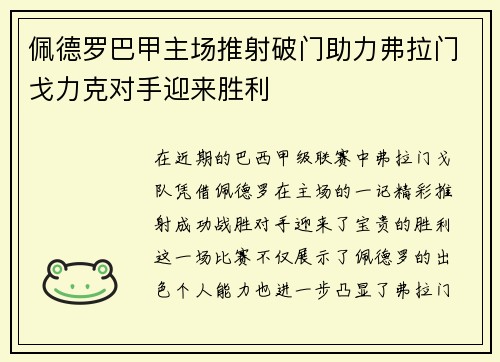 佩德罗巴甲主场推射破门助力弗拉门戈力克对手迎来胜利